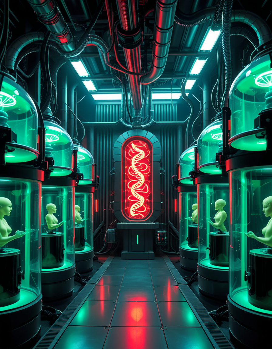 A dark, futuristic cloning laboratory infused with biomechanical horror, inspired by the art of H.R. Giger. The environment is a fusion of cold, industrial metal and pulsating organic structures, where walls seem alive, breathing with a rhythmic pulse of dark energy. The entire facility feels like a fusion of machine and flesh, an eerie cathedral of synthetic life.
At the center of the lab, massive transparent incubation pods line the walls, each filled with a thick, greenish amniotic fluid. Inside, half-formed clones float in various stages of developmentâsome eerily human, others distorted by biomechanical mutations. Tubes and organic cables snake from the ceiling, injecting raw genetic material into the growing bodies, merging artificial and organic components.
A colossal central machine, resembling a fusion of an ancient altar and a high-tech processor, serves as the core of the cloning process. DNA strands, displayed as holographic symbols in glowing red and neon green, shift and mutate in real-time, manipulated by unseen algorithms. Mechanical arms, covered in organic textures, extract samples from fluid-filled glass canisters, feeding the system with raw genetic material.
The dim lighting casts elongated shadows across the ribbed metallic floor, illuminated only by the sickly glow of bio-luminescent veins coursing through the walls. A constant hum of machinery, mixed with the faint sound of heartbeat-like pulsations, fills the air, creating an overwhelming sense of unnatural life in the making.
This is not just a cloning facilityâit is a factory of engineered existence, where the line between science and the grotesque unknown has been erased, birthing life that was never meant to be
<lora:SDXLFaeTastic2400:0.4> <lora:extremely_detailed:0.4> extremely detailed, <lora:futuristic_cloning_l4b0r4t0ry:1>,futuristic cloning l4b0r4t0ry, Masterpiece,best quality,hi res,8k,hi res,8k,award winning,(sharp focus, intricate, highly detailed),