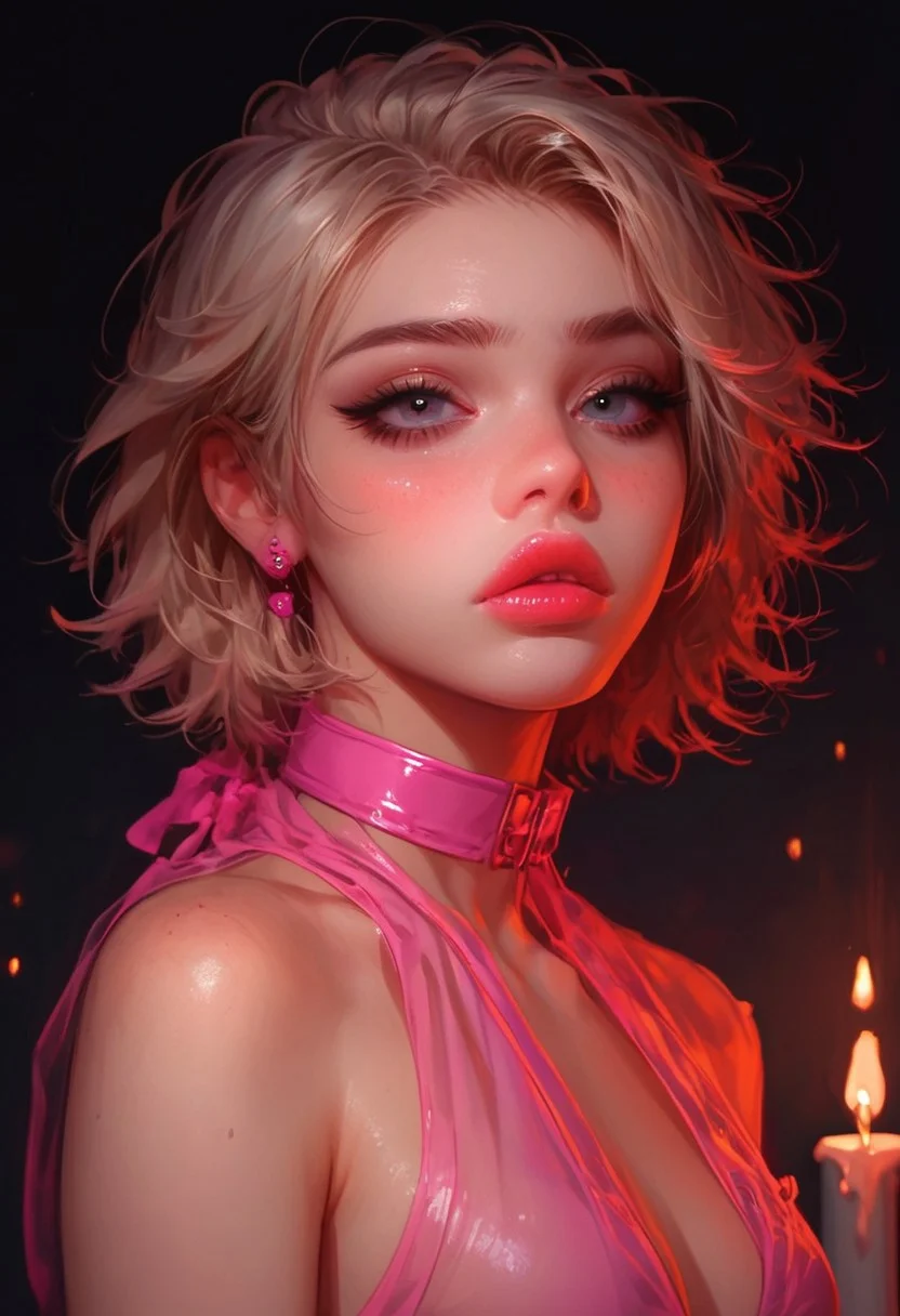 score_9, score_8_up, score_7_up,
BREAK
(dynamic pose) 1girl, solo, cute, boyish, tomboy, thin , 18 yo, (short light blonde hair, messy hair, wearing neon-pink plastic halter-top , short neon-pink skirt, small breasts) , pink choker, pink earrings, looking at viewer, blushing, (close up on shoulder), detailed lips, detailed face, detailed hair, see through, boob focus, night, ((candles)), steamy, foggy, hazy, romantic lighting, (((haughty))), horny, turned on, (((pinup pose))), embarrassed, ((backlit)), lowlight, close up, very detailed skin