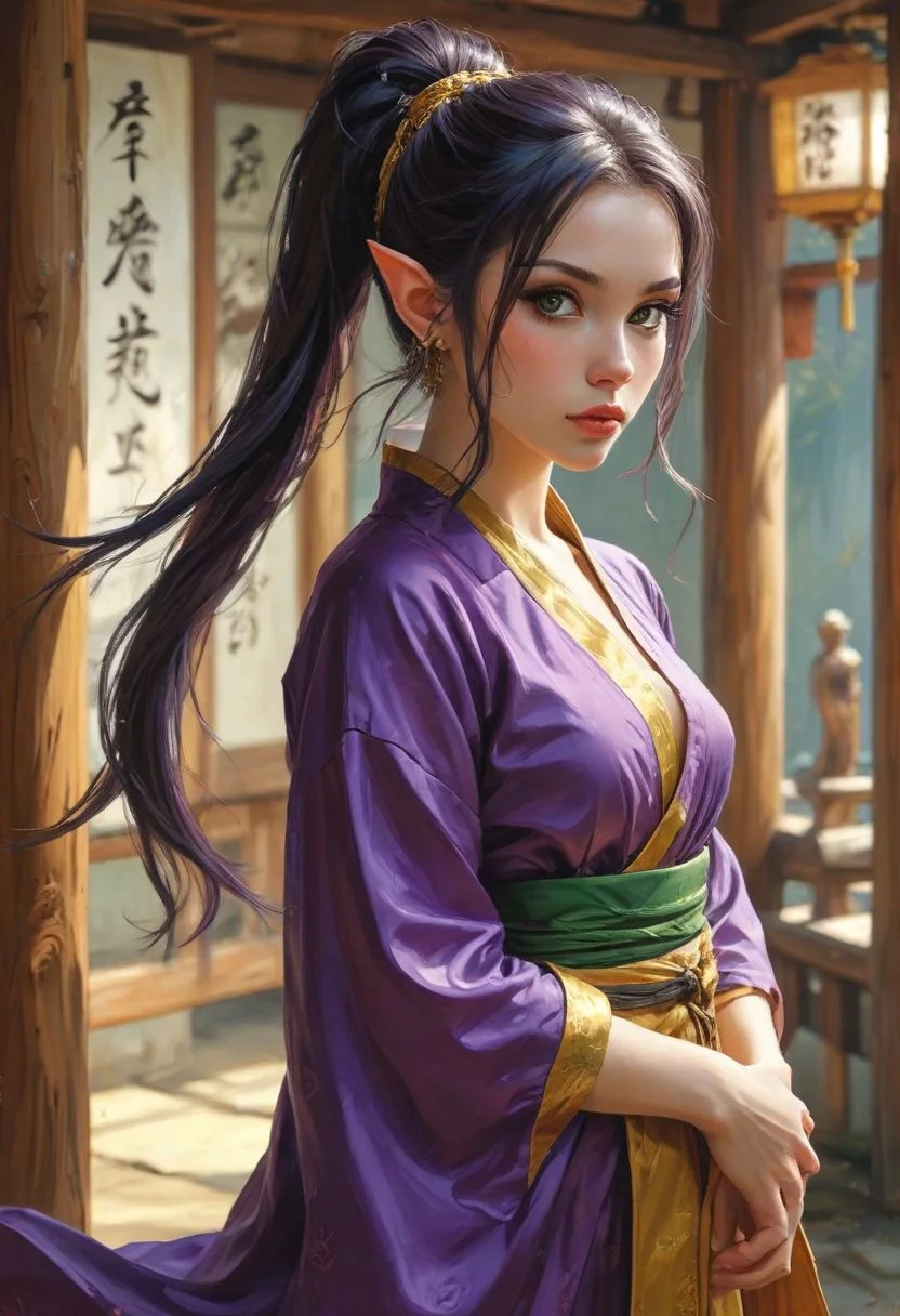 Elf Martialists, very long ears, very long pony tail, style of Karol Bak, Adam Hughes, Boris Vallejo, Julie Bell, Norman Rockwell,
{
1woman,
25 year old,
Vanellope
(Pointy Ears:1.3),
Purple hair,
(Green eyes,:1.3)
Makeup,
Big Round Eyes,
Fake Eyelashes,
fleshy big lips,
}
(ponytail:1.2), (Very long ponytail:1.1), flat chest, very small breasts, small waist, small ass, small hips, thin legs(skinny:1.1), (long legs,:1.1) (slender body:1.1),
(japanese dojo, Buddhist temple, shinto shrine, interior background:1.1)
shaolin clothes, purple clothes, loose silk robes, wide sleeves, tied at waste, side split, gold trim
