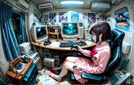masterpiece, best quality, amazing quality, very aesthetic, absurdres, newest,
indoors keyboard seat game controller,scenery,fisheye, loaded_interior,crt,fan,case,paper,pencil,antique phone, nes,poster,air air conditioner, retro artstyle,
pink school uniform
{{best_quality}},{{amazing_quality,very_aesthetic}},
masterpiece, best quality, amazing quality, very aesthetic, absurdres, newest, volumetric lighting, <lora:spo_sdxl_10ep_4k-data_lora_webui:1.0> <lora:il_color_temp_slider_d1:1>
