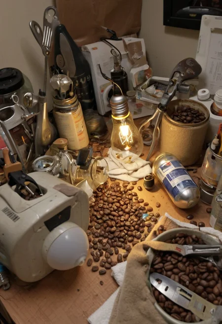clutter, trash, glass bottle, tools, coffee beans, electronics, canned food, bottle, low lighting, light bulb, messy workspace, cozy, towels, bright room, detailed, dead mouse, pots