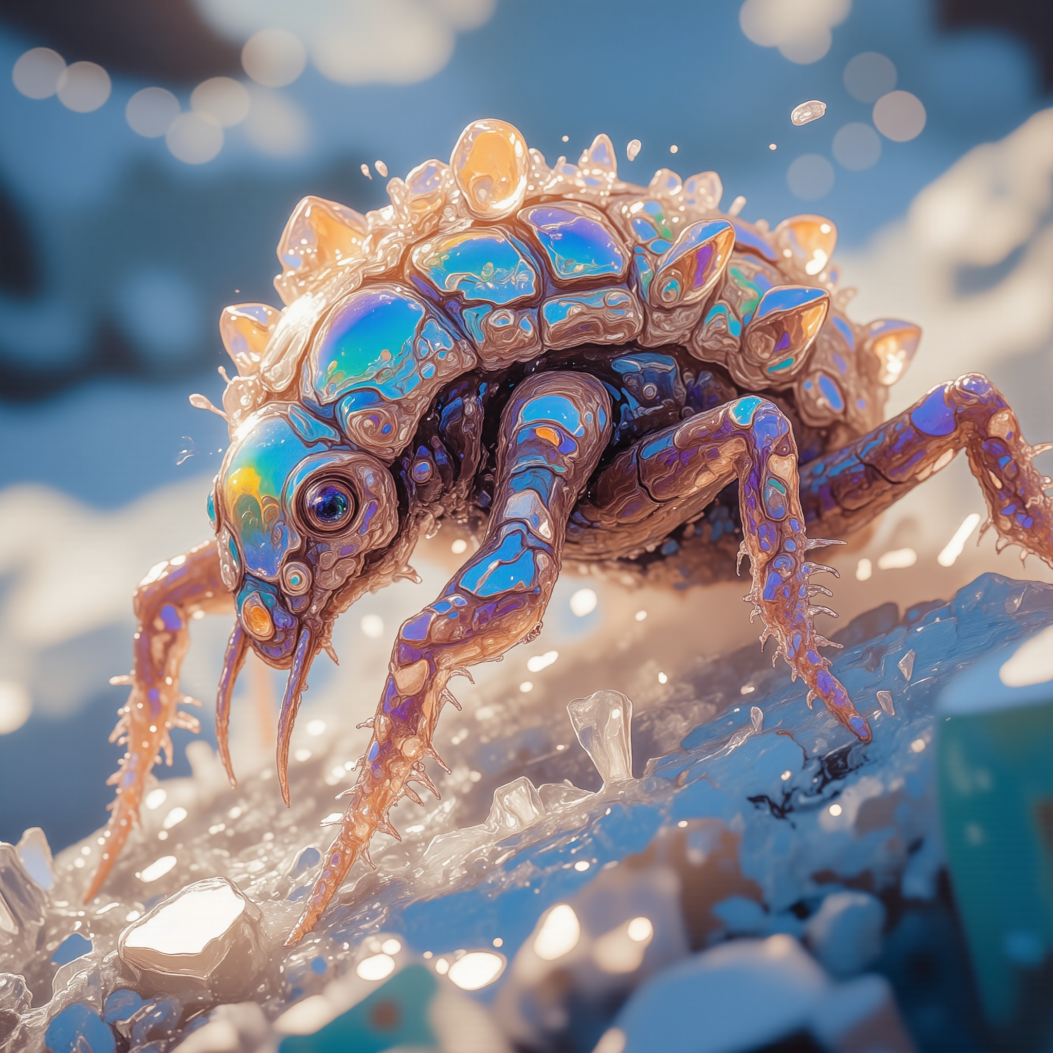 award-winning macro photo, (short depth of field:1.2), fractal art, the (diminutive:1.4) "auric frotzwonk" is a (transcendent:1.2) and (supernatural:1.2) (crystalline life form:1.3) roaming the globbershmoggled crystalline ice plains of its homeworld "shmodderward vi", its glistening sinuous exoskeleton shimmering with iridescent colors under a zighty dramatic sky, (dappled sunlight:1.1), highly detailed, intricate details, db4rz style painting, aidmamj6.1 <lora:style-henry_daubrez-flux-by_blairesilver13:0.72> <lora:midjourney_61-v0.4-flux-by_aidma:0.64> <lora:image_enhancer-flux-by_dever:0.48> <lora:faetastic_details-flux-by_faeia:0.64>