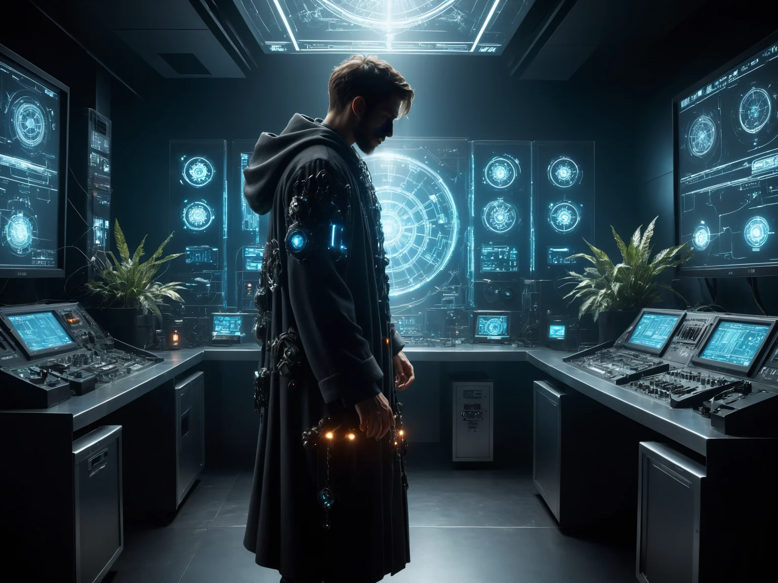 cinematic photo with dramatic lighting, dynamic pose,man performing a test in cyberpunk laboratory, holographic interface, mad-hrmtcwzrd, hooded_robe, intricately ornated, magical items, mushrooms, glowing plants, light rays, dust, smoke <lora:Neon_Cyberpunk_SDXL_Hermetic_Wizard:0.7>, masterpiece, best quality, ultra high res, (photorealistic, realistic:1.2), deep shadow, raw photo, film grain, Fujifilm XT3, 8k uhd, dslr
