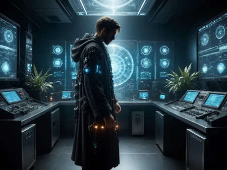 cinematic photo with dramatic lighting, dynamic pose,man performing a test in cyberpunk laboratory, holographic interface,  mad-hrmtcwzrd, hooded_robe, intricately ornated,  magical items, mushrooms, glowing plants, light rays, dust, smoke <lora:Neon_Cyberpunk_SDXL_Hermetic_Wizard:0.7>, masterpiece, best quality, ultra high res, (photorealistic, realistic:1.2), deep shadow, raw photo, film grain, Fujifilm XT3, 8k uhd, dslr