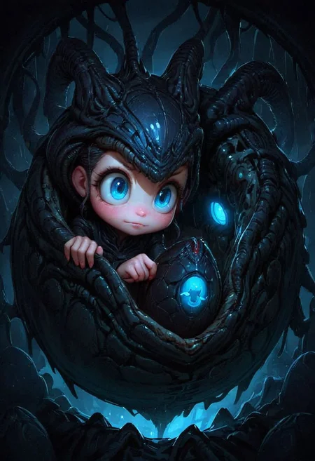 extremely cute xenomorph holding black xenoegg, caric art, caricature, beautiful, adorable, 8k, detailed, intricate details