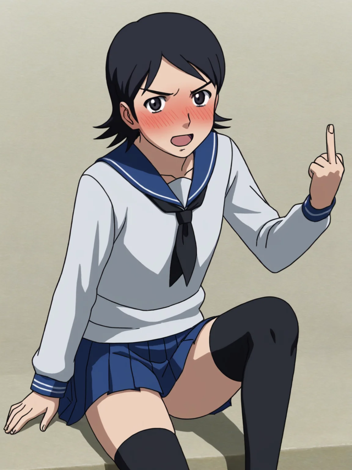 score_9, source_anime, BREAK, white background, <lora:Chai_PDXL:0.65> chai, ((aged up:1.3, adult:1.4)), otoko no ko, flat chest, school uniform, thighhighs, black thighhighs, blue skirt, pleated skirt, white shirt, blue sailor collar, full-face blush, mad, middle finger