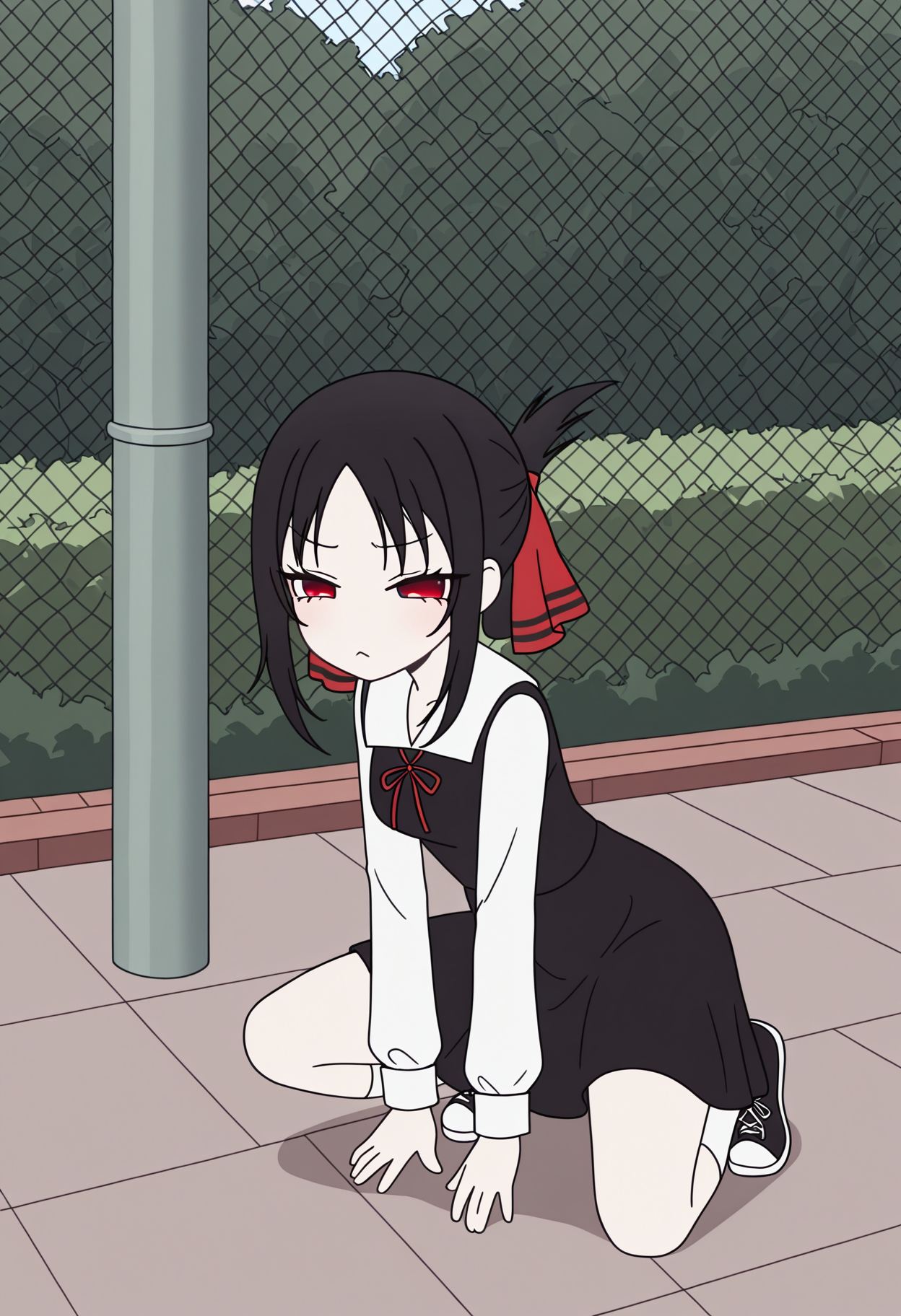 masterpiece, best quality, high resolution, source_anime, highly detailed illustration, detailed eyes,
very aesthetic, absurdres, newest, amazing quality,
<lora:shiRabbitHoleStyleConceptV1ill:1.0>, 
shirbtlestyle, 
1girl, solo, 
<lora:Shinomiya_Kaguya_Illustrious:0.8> shinomiya kaguya, black hair, red eyes, hair ribbon, folded ponytail, shuuchiin academy school uniform, black dress, collared dress, neck ribbon, long sleeves,
angry, on one knee, sneakers, hand on ground, staring, frown, expressions, sneakers, squatting, spread legs, 
outdoors,