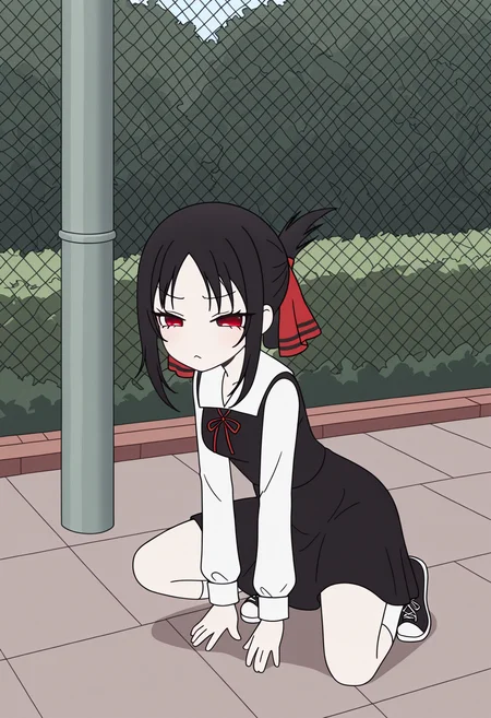 masterpiece, best quality, high resolution, source_anime, highly detailed illustration, detailed eyes,
very aesthetic, absurdres, newest, amazing quality,
<lora:shiRabbitHoleStyleConceptV1ill:1.0>,
shirbtlestyle,
1girl, solo,
<lora:Shinomiya_Kaguya_Illustrious:0.8> shinomiya kaguya, black hair, red eyes, hair ribbon, folded ponytail, shuuchiin academy school uniform, black dress, collared dress, neck ribbon, long sleeves,
angry, on one knee, sneakers, hand on ground, staring, frown, expressions, sneakers, squatting, spread legs,
outdoors,