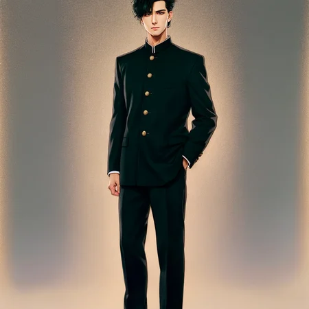 <lora:BIW:0.6>, FH, Masterpiece, best quality, sharp, contrast, realistic drawing, tall black haired man, short hair,

 <lora:Gakuran:0.75>, Gakuran, a man in a black gakuran and pants standing with his arms crossed , man wearing the gakuran, golden buttons