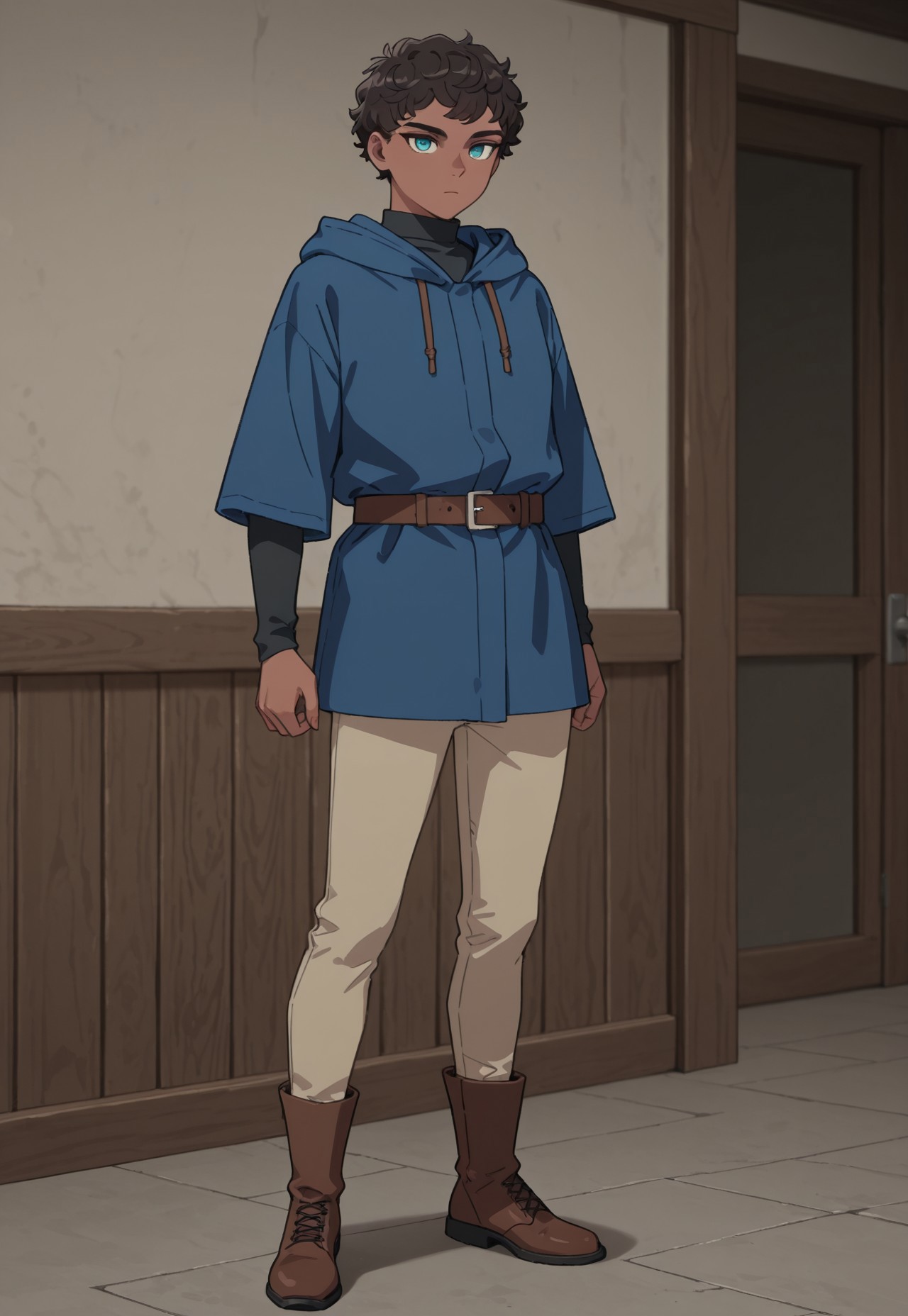 masterpiece, best quality, newest, Dunmeshi_Kabru, 1boy, brown hair, very short hair, curly hair, aqua eyes, dark skin, CasualKabru, alternate outfit, fur trim, blue jacket, hooded jacket, hood down, black turtleneck sweater, short over long sleeves, brown belt, beige pants, brown boots, indoors, serious, full body, perspective