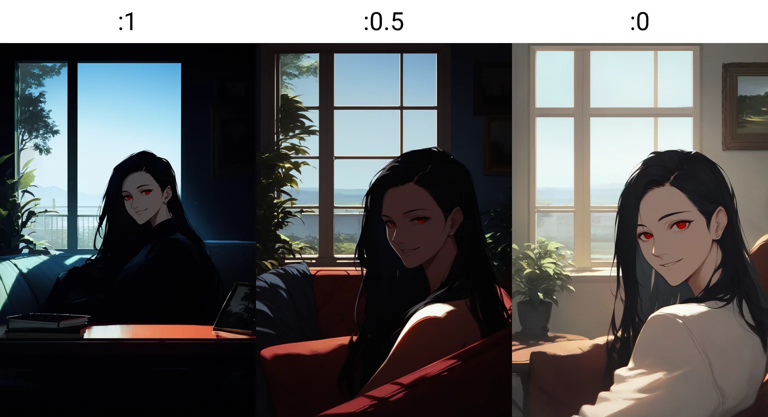 score_8_up, woman, day, blue sky, smile, stud earrings, long hair, black hair, red eyes, indoors, looking at viewer, sitting, from side, living room, window, sunlight, table, on sofa, picture frame, upper body, 
<lora:DarkerThanDarkV1:1> 
<lora:NoctFlatStyleV4:0.25>