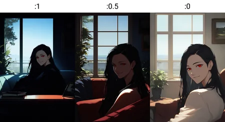score_8_up, woman, day, blue sky, smile, stud earrings, long hair, black hair, red eyes, indoors, looking at viewer, sitting, from side, living room, window, sunlight, table, on sofa, picture frame, upper body,
<lora:DarkerThanDarkV1:1>
<lora:NoctFlatStyleV4:0.25>