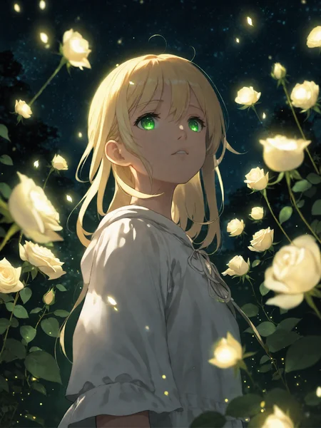 face focus, masterpiece, best quality, 1girl, white roses, petals, night background, fireflies, light particle, solo, blonde hair, green eyes, standing, pixiv, depth of field, cinematic composition, best lighting, looking up