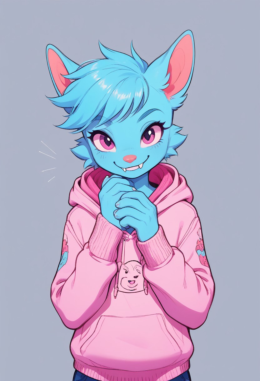 (easynegative 1) dragon, anthro, furry, young, miniature, male, o, blue body, girly, very wide smile, fangs, teeth,, playful, smirk, hoodie, solo, looking at, cute, , good_hands