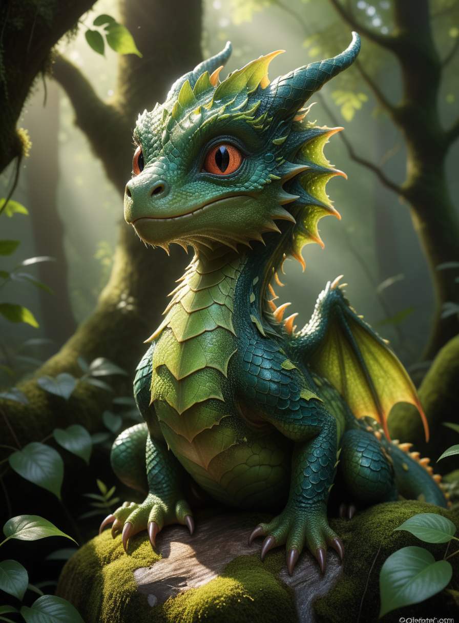 captivatingly adorable baby dragon perched on a moss-covered rock in an enchanted forest. The baby dragon has intricate scales that shimmer in the dappled sunlight filtering through the dense canopy above. Its large, expressive eyes exude curiosity and innocence, while its tiny wings are folded neatly against its back. The dragon's belly is round and apple-like, with a glossy sheen that makes it look almost edible. The surrounding forest is lush and teeming with ancient trees, vibrant flora, and a gentle mist that adds a touch of magic to the scene. The image captures the enchanting atmosphere of the forest and the dragon's endearing presence, making it a mesmerizing visual masterpiece. Photorealistic, Hyperrealistic, soft lighting, heavy shadow.