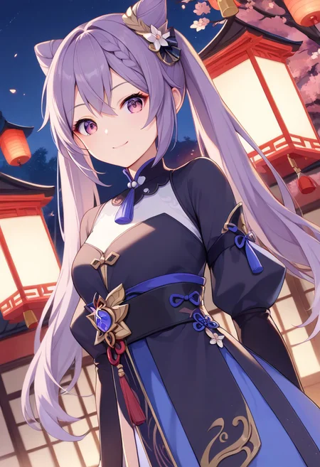 score_9, score_8_up, score_7_up, source_anime, best quality, masterpiece, 1girl, solo, smile. dutch angle, outdoors, night, Chinese lantern,
keqingcs, purple hair, cone hair bun, purple eyes, long hair, double bun, braid, twintails,