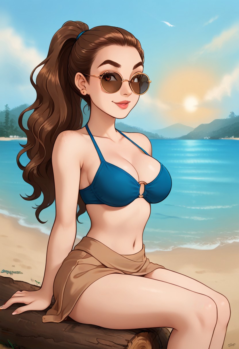 Expressive, score_6_up, score_7_up, score_8_up, score_9. Masterpiece, best quality, highly detailed, harmonious anatomy, (natural beauty:1.1), consistent details. 1girl, solo, 20yo, body height: 155cm, fair olive skin with a light golden undertone and a faint pink blush on her cheeks, blending her Italian and arab heritage. Wavy hair, long hair, brown hair is, high ponytail, tight ponytail, with natural volume. Oval face with high cheekbones, curved cheekbones, defined jawline. Medium-sized eyes, deep-set brown eyes, almond shaped eyes but straighter outer eyes corners, long lashes, thick lashes, arched eyebrows, dense eyebrows. Big aquiline nose, prominent nose bridge, curved nose tip. Full lips with a well-defined Cupid’s bow, slightly plumper lower lip. Small chin, pointed chin, defined jawline that adds to her elegant appearance. ((Big round sunglasses)), Narrow and delicate shoulders. ((Big breasts, perky breasts)). Narrow waist, narrow hips, slender arms, slender legs, barefoot, natural pose, relaxed look, captivating smile, correct anatomy. Petrol-blue bikini, beige sarong, looking at viewer, sitting on log, legs crossed, on beach, palm trees, vibrant sunset, blue sky.