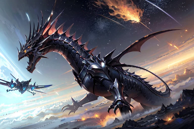steel dragon flying in space, epic, grand battle, sci-fi
Negative prompt: ((bad anatomy, anatomy mistake)), bad-image-v2-39000, bad-hands-5, art by bad-artist, worst quality, bad quality, lowres, blurry, jpeg artifacts, watermark
Steps: 20, Sampler: DPM++ 2S a Karras, CFG scale: 7, Seed: 633023111, Size: 768x512, Model hash: 6e99962d08, Model: MoonRide Mix 9, Clip skip: 2