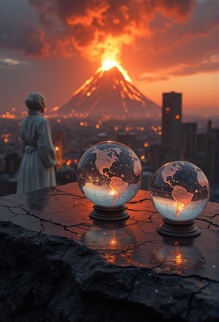 <lora:Dark_Fantasy_Anime-000021.safetensors:1> intricately textured, with subtle shadows cast, capturing light in a lifelike manner. glint subtly in the diffused light filtering, the surrounding environment is meticulously detailed
In the heart of a once-peaceful city, now shrouded in a layer of ash, stands a trio of crystal globes. These faceted glass spheres, each depicting a detailed map of the world in soft, transparent hues, are a stark contrast to the desolate landscape around them. The globes, crafted from high-quality glass and meticulously designed, reflect the volcanic glow casting an eerie, yet mesmerizing light. The sleek, glossy surface of the table on which they rest is now marred by a thin layer of ash, adding a gritty texture to the scene.
The air is thick with the scent of sulfur, and the sky is a haunting blend of deep reds and oranges as the dormant volcano awakens. Soft bokeh lights, now dimmed by the ash, cast a gentle, almost ethereal glow around the globes, enhancing their sophisticated ambiance. The ground beneath the table is cracked, with occasional wisps of steam rising from the fissures, hinting at the molten lava flowing just beneath the surface.
In the distance, the silhouette of a city is barely visible through the ash cloud, its towers and domes reduced to shadows. A figure, a middle-aged woman with a veil of ash on her finely embroidered robes, stands in awe, her eyes fixed on the globes. The raw power of nature is on full display, yet the beauty of the globes remains, a testament to the enduring human spirit in the face of overwhelming odds.