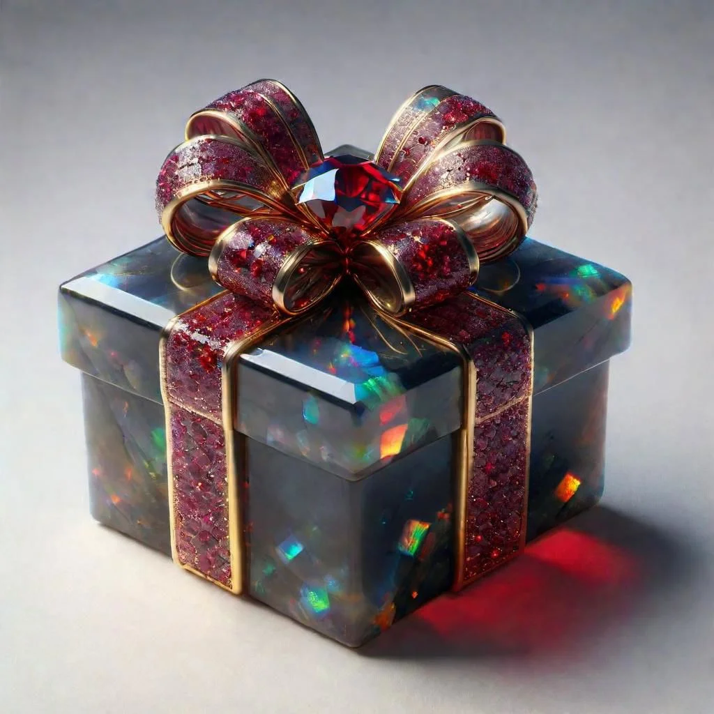 instant present, black ral-opal box, gold/red crystal ruby bow,