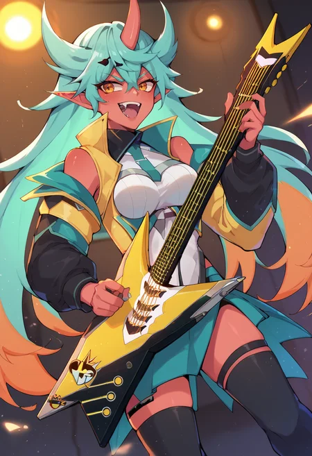 <lora:vyce-05:1>, vyce, long hair, single horn, blue hair, red skin, hair between eyes, pointy ears, black thighhighs, jacket, orange eyes, medium breasts, green hair, multicolored hair, orange hair, happy, open mouth, fangs, holding, guitar, holding an electric guitar, concert,, score_9, score_8_up, score_7_up, source_anime,