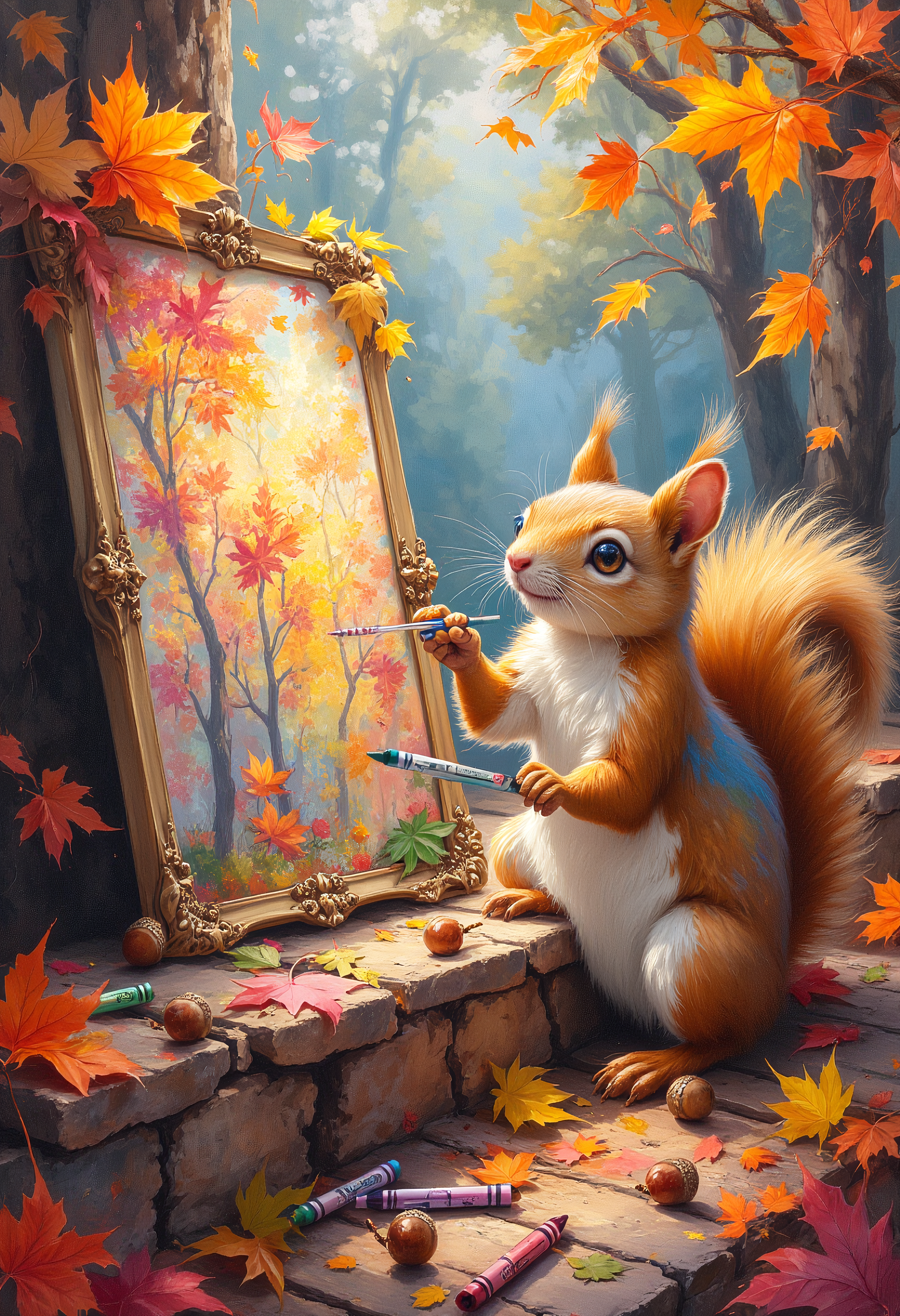 A cheeky squirrel sits on the corner of a frame with a bundle of crayons, feverishly drawing a scene of an autumn forest. Leaves and acorns tumble out of the frame, blending with the real-world floor. The squirrelâs fur has streaks of the colors itâs usingâorange, red, and golden huesâand it looks delighted with its work, vibrant glow