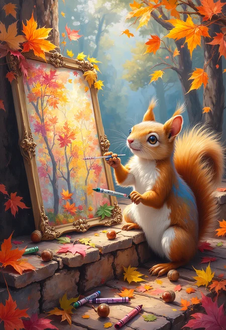 A cheeky squirrel sits on the corner of a frame with a bundle of crayons, feverishly drawing a scene of an autumn forest. Leaves and acorns tumble out of the frame, blending with the real-world floor. The squirrelâs fur has streaks of the colors itâs usingâorange, red, and golden huesâand it looks delighted with its work, vibrant glow