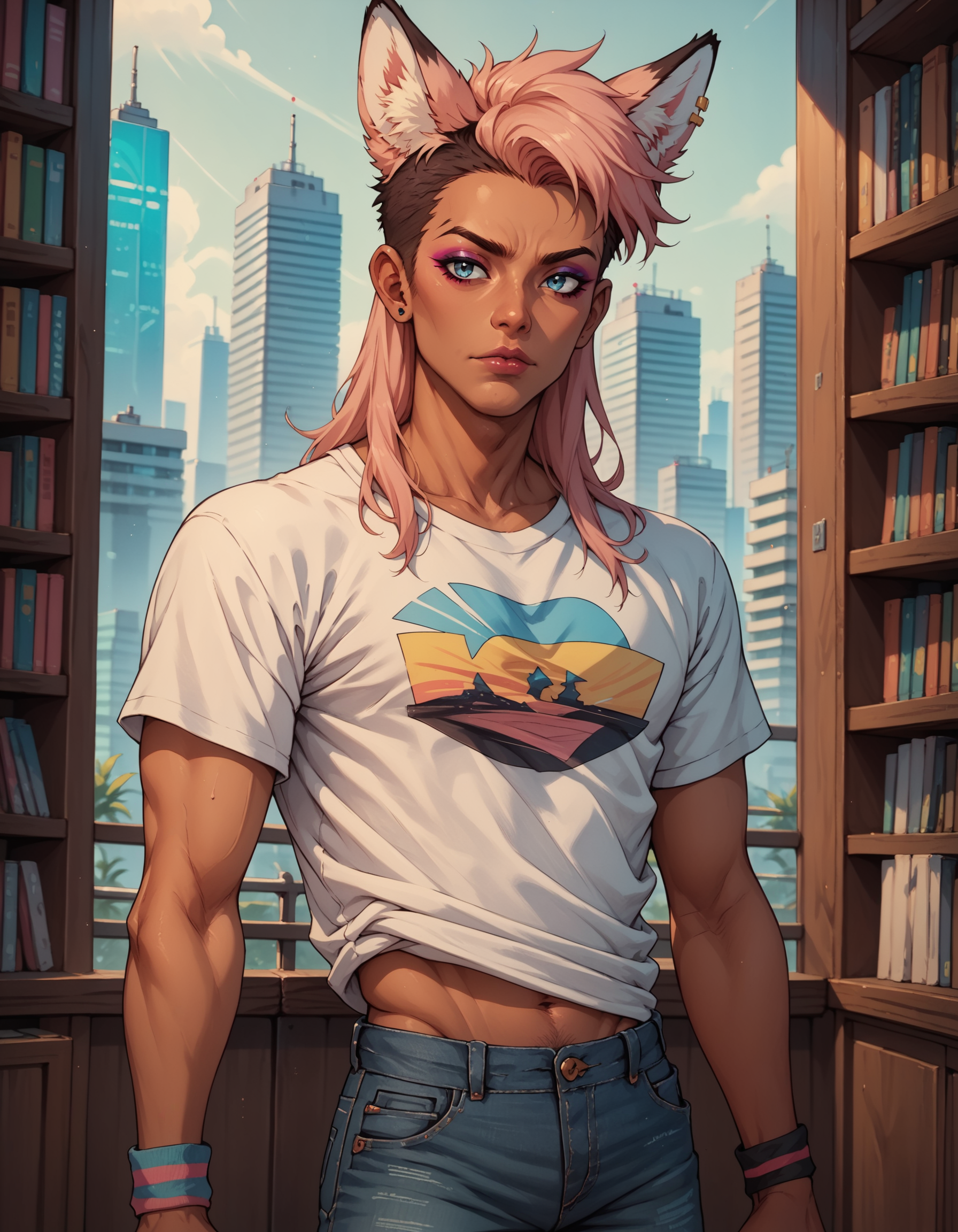 PonyXLV6_Scores 1boy, solo, transgender male, fox ears, animal ears, tan, tan skin, ganguro, two tone hair, long hair, wearing a black and pink anime tshirt, denim jeans, makeup, wristband, lipstick, jewelry, depth of field, vaporwave, citypunk, indoors, library  MangaDetailPnyXL