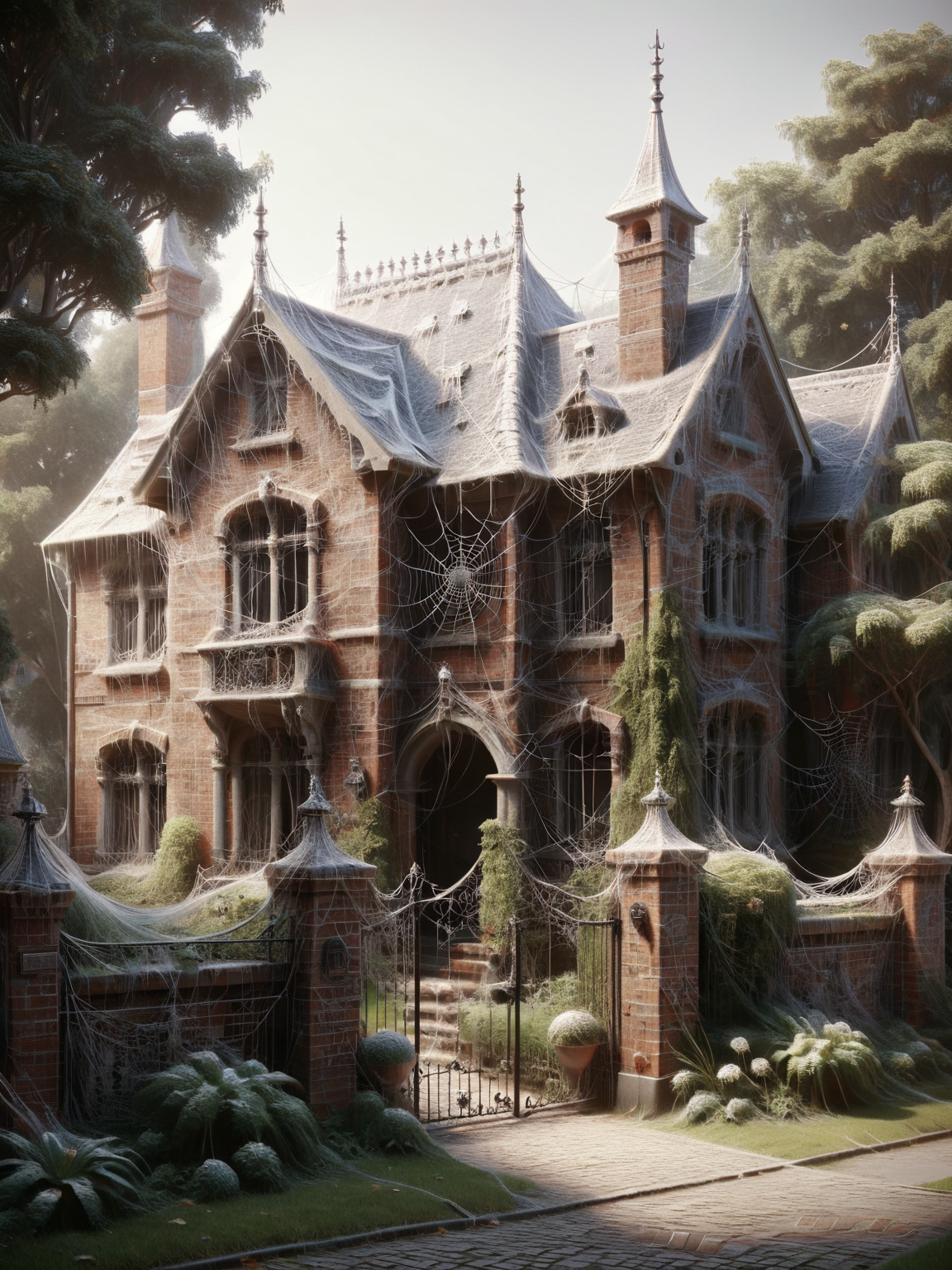 ais-webz house, surrounded by gardens with crypts, brick walls and wrought iron fencing. <lora:Cobweb_Style_SDXL:1>