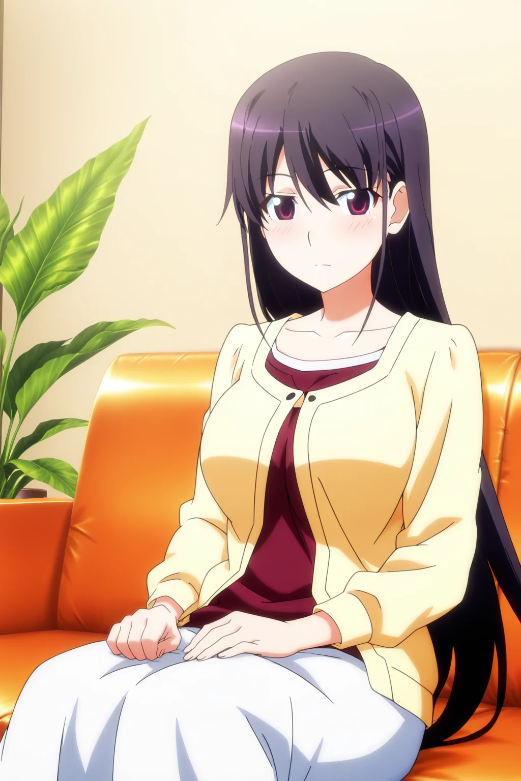 anime screenshot, anime coloring, sakaki yumiko, 1girl, solo, black hair, long hair, purple eyes, large breasts, yellow cardigan, red shirt, t-shirt, collarbone, long sleeves, white skirt, long skirt, looking at viewer, closed mouth, cowboy shot, sitting, indoors, couch, masterpiece, best quality, high quality, highres, absurdres, <lora:sakaki_yumiko_ILXL:0.9>