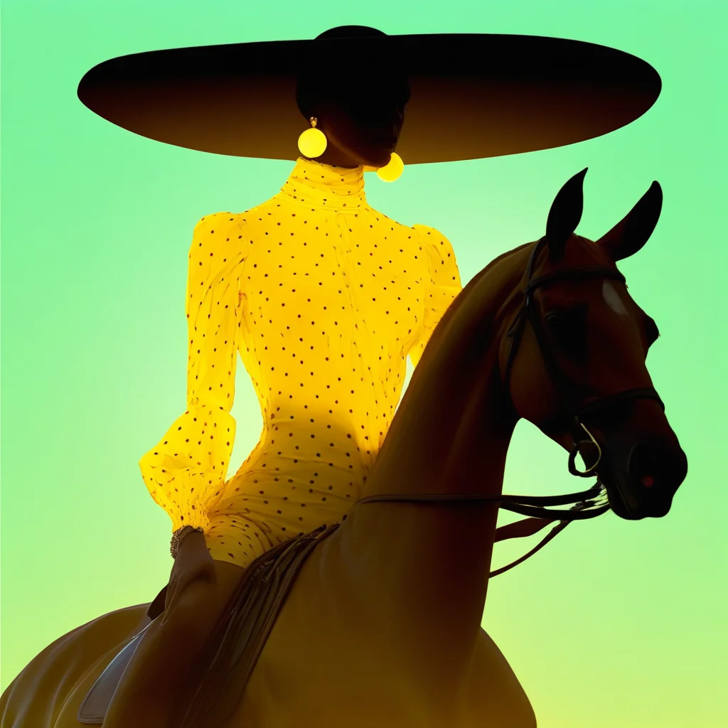aaAR7fl,masterpiece,highres,best quality,,best aesthetic, intriguing details,Alexander McQueen fashion campaign, haute couture,1girl, solo, Polka dot sport bodysuits deign by Keith Haring, off shoulders, yellow glowing earrings, wide brim hat, riding a horse, profile, gradient background, ponytail,