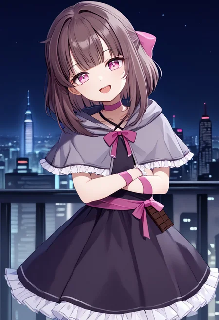 1girl, solo, highres, Shondo1st, bangs, pink eyes, hair bow, brown hair, medium hair, petite, sidelocks, flat chest, 
black dress, criss-cross halter, frilled dress, waist bow, pink bow, single wrist cuff, arm ribbon, pink ribbon, pink choker, chocolate, food-themed clothes, collarbone, grey capelet, hooded capelet, hood down
looking at viewer, smile, open mouth, crossed arms, head tilt,
night, night sky, cityscape, neon lights, backlighting,