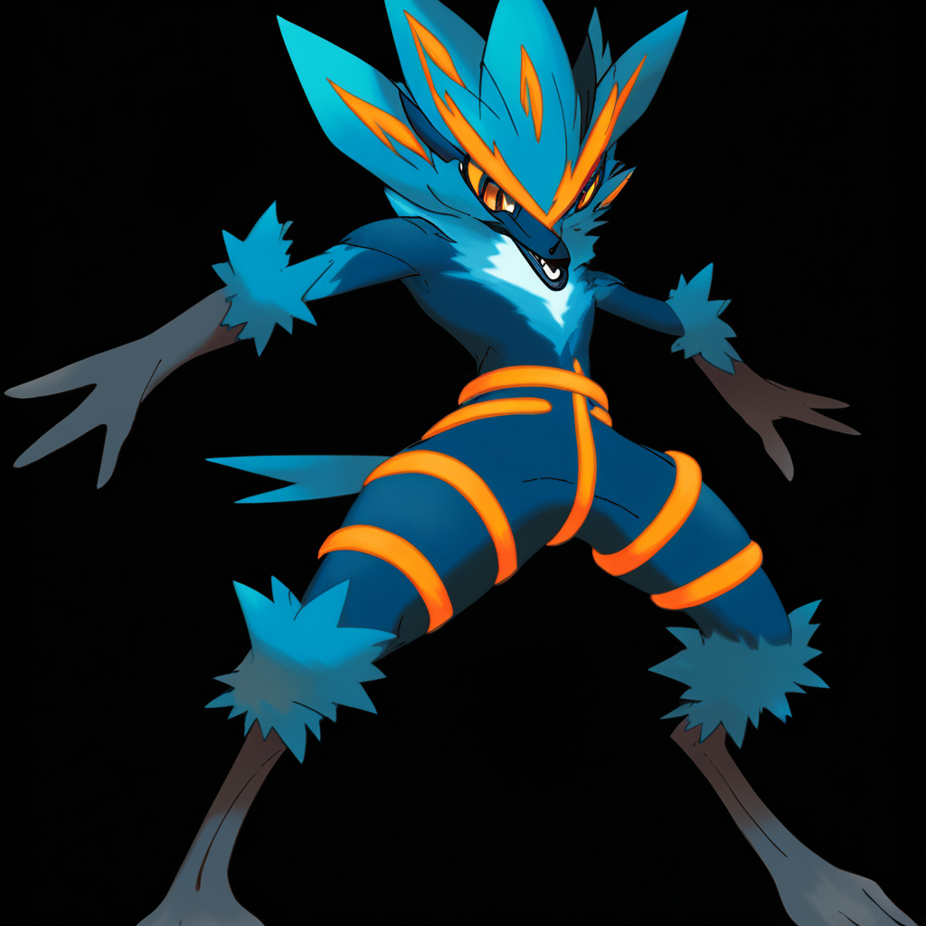 <lora:pokemon_pony_xl:0.8>, Type: Ground, Type: Electric Egg Group: Human-Like It has a row of yellow (orange:0.8) spines running down its back, which bristle when threatened,The animal's mating dance involves a complex sequence of Blue flashes produced by its body,The creature's skin shimmers with a Cyan sheen in sunlight transforming it into a Poison spectacle,Its fur patterns shift and change forming Indigo symbols that are said to predict Fire events,The monster's heartbeat sends out a Black pulse visible under its skin a beacon of life in the darkness,The animal's heartbeat can be felt through its chest, resonating with a calming Red glow,The animal's reflective Bronze eyes can illuminate its path in the dark, acting like natural torches.,It has a crest that pulses with a Yellow light when it communicates akin to a natural Morse code,It has a series of Orange bands around its eyes that enhance its night vision, allowing it to see clearly in the dark.,It has a Brown aura that envelops it during battles intensifying its Poison abilities, score_9, score_8_up, score_7_up, score_6_up, score_5_up, score_4_up.  Simple black background, (Masterpiece:1.3) (best quality:1.2) (high quality:1.1)