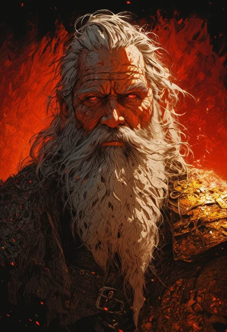 A stunningly vivid and detailed painterly portrait of an elderly man with a rugged beard. He bears a jagged, molten golden scar across his face, and his left eye is replaced with a glowing golden one. He is clad in weathered, ragged (armor made of bacon;1.2) and metal, and his eyes emit a fierce, magmatic red glow. The overall composition of the piece is cinematic, seamlessly blending elements of photography, illustration, and traditional painting techniques to create a captivating, larger-than-life portrait., illustration, painting, cinematic, photo, portrait photography, conceptual art. made from rough white bone fragments, in profile, side view, surrealism, pencils, fashion illustration, gradient bordeauxs and dark crimson background, avant-garde, vivid colors, filigrie, photorealistic rendering, mody chiaroscuro lighting. <lora:MMM_Bacon-000006:0.8>