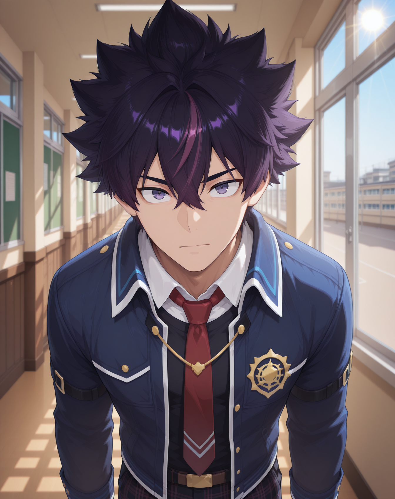 masterpiece,best quality,amazing quality, newest, very aesthetic, absurdres,
1boy, solo, yaoi, male focus, looking at viewer, cowboy shot,
<lora:Sieghart_Old_Limit_Break_ilxl:1> siegolb, spiked hair, black hair, greyeyes, short hair, purple hair, multicolored hair, hair between eyes,
school uniform, white shirt, collared shirt, blue jacket, red necktie, black pants, plaid pants,
indoors, school, hallway, window, day, sun,