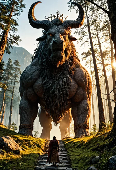 The Behemoth, a towering beast of unstoppable strength, stands amid a vast and desolate landscape, its muscular frame casting an enormous shadow over the land. Its thick, armored hide, a fusion of hardened flesh and stone-like plates, reflects the golden light of a setting sun. Massive legs, like the trunks of ancient trees, support its unimaginable weight, each step causing the earth to tremble.
Its colossal head, crowned with curved horns, surveys the land with piercing, ancient eyes, deep and knowing. Steam rises from its nostrils as it exhales, shaking the air like distant thunder. A tail, as powerful as a cedar tree, sweeps behind it, capable of leveling forests in a single motion.
The surrounding land is shaped by its presence—rivers carve new paths around its feet, trees bow under the pressure of its movements, and mountains seem smaller in comparison. No man, no weapon, no force on earth can challenge it. Behemoth is not just a creature; it is a living testament to divine power, a beast that roams untouched, answerable only to its Creator.
Ultra-detailed, cinematic lighting, biblical mythology, awe-inspiring scale, primal and untamed wilderness, epic divine creature, dark and moody composition, fantasy animal