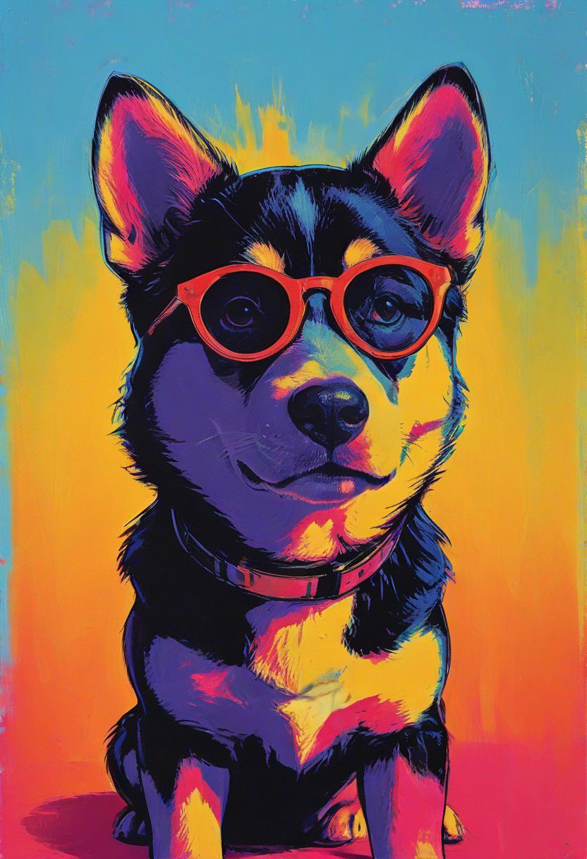 impactful color paint of, a husky puppy wearing dark sunglasses, highly detailed, vibrant colors , 8k, sharp, professional, clear, high contrast, high saturated, , vivid deep blacks, crystal clear