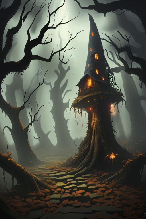 super realistic image of ((evil)), ((witch)), background forest wooden
