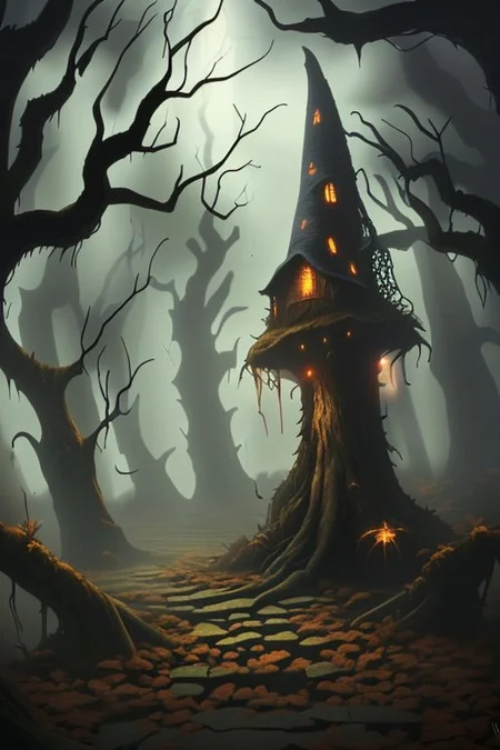 super realistic image of ((evil)), ((witch)), background forest wooden
