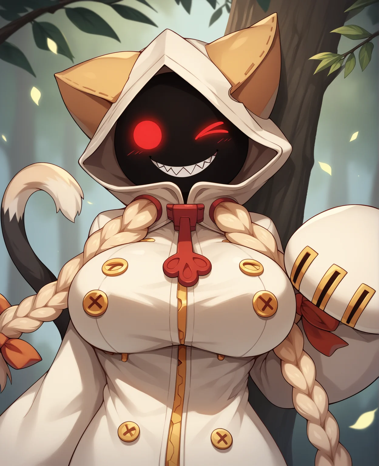 score_9, score_8_up, score_7_up, score_6_up, score_5_up, score_4_up, source_furry, taokaka, animal humanoid, cat humanoid, felid, felid humanoid, feline, feline humanoid, humanoid, kaka \(blazblue\), mammal, mammal humanoid, accessory, big breasts, black body, black fur, black skin, blonde hair, bow \(feature\), bow accessory, bow ribbon, braided hair, breasts, clothed, clothing, empty eyes, fangs, female, fur, furgonomics, hair, hair accessory, hair bow, hair ribbon, heart symbol, hood, hoodie, leaf, long hair, looking at viewer, nipple analogue, one eye closed, plant, red eyes, ribbons, shadow face, sharp teeth, smile, solo, standing, teeth, topwear, tree, white body, white fur, wink, zipper, (simple face:1.2),
<lora:taokaka_pdxl:1>