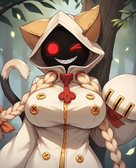 score_9, score_8_up, score_7_up, score_6_up, score_5_up, score_4_up, source_furry, taokaka, animal humanoid, cat humanoid, felid, felid humanoid, feline, feline humanoid, humanoid, kaka \(blazblue\), mammal, mammal humanoid, accessory, big breasts, black body, black fur, black skin, blonde hair, bow \(feature\), bow accessory, bow ribbon, braided hair, breasts, clothed, clothing, empty eyes, fangs, female, fur, furgonomics, hair, hair accessory, hair bow, hair ribbon, heart symbol, hood, hoodie, leaf, long hair, looking at viewer, nipple analogue, one eye closed, plant, red eyes, ribbons, shadow face, sharp teeth, smile, solo, standing, teeth, topwear, tree, white body, white fur, wink, zipper, (simple face:1.2),
<lora:taokaka_pdxl:1>
