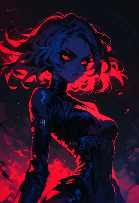 score_9, score_8_up, score_7_up, score_6_up, NLSTN, 1girl, red eyes, black background, 1girl, dark, black bodysuit, suggestive pose, dynamic pose, moonlight, perfect female waist, halftone lighting, makeup, eyeliner, eyeshadow, mascara, glowing, dark
