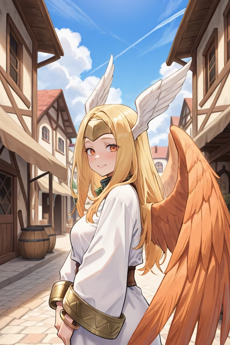 masterpiece, very aesthetic, absurdres, best quality, amazing quality, high resolution, <lora:illustrious_quality_modifiers_masterpieces_v1:0.8> , <lora:ChamIllustriousBackgroundEnhancer:0.5>, <lora:MariettaIL:0.7> , mardef, (adult female), 1girl, orange eyes, blonde hair, long hair, metal collar, forehead protector, orange wings, head wings, white head wings, feathered wings, winter clothes, bangle, angel, cowboy shot, exterior, medieval fantasy, village, blue sky, clouds, marketplace, serene, gentle smile, looking at viewer, from side, dating,