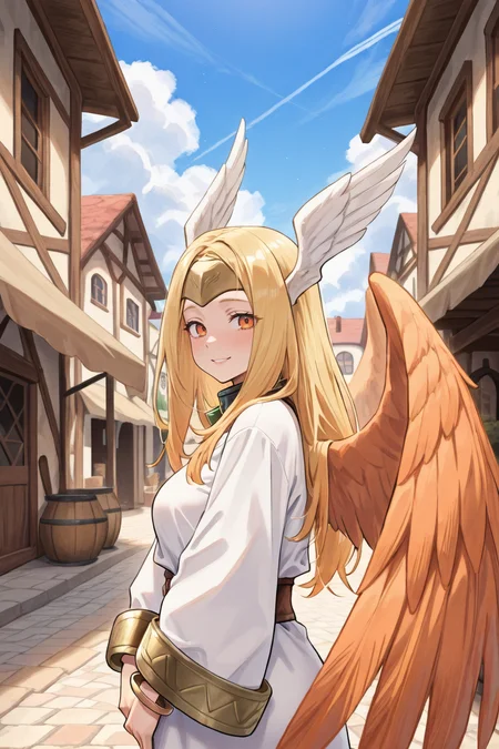masterpiece, very aesthetic, absurdres, best quality, amazing quality, high resolution, <lora:illustrious_quality_modifiers_masterpieces_v1:0.8> , <lora:ChamIllustriousBackgroundEnhancer:0.5>, <lora:MariettaIL:0.7> , mardef, (adult female), 1girl, orange eyes, blonde hair, long hair, metal collar, forehead protector, orange wings, head wings, white head wings, feathered wings, winter clothes, bangle, angel, cowboy shot, exterior, medieval fantasy, village, blue sky, clouds, marketplace, serene, gentle smile, looking at viewer, from side, dating,