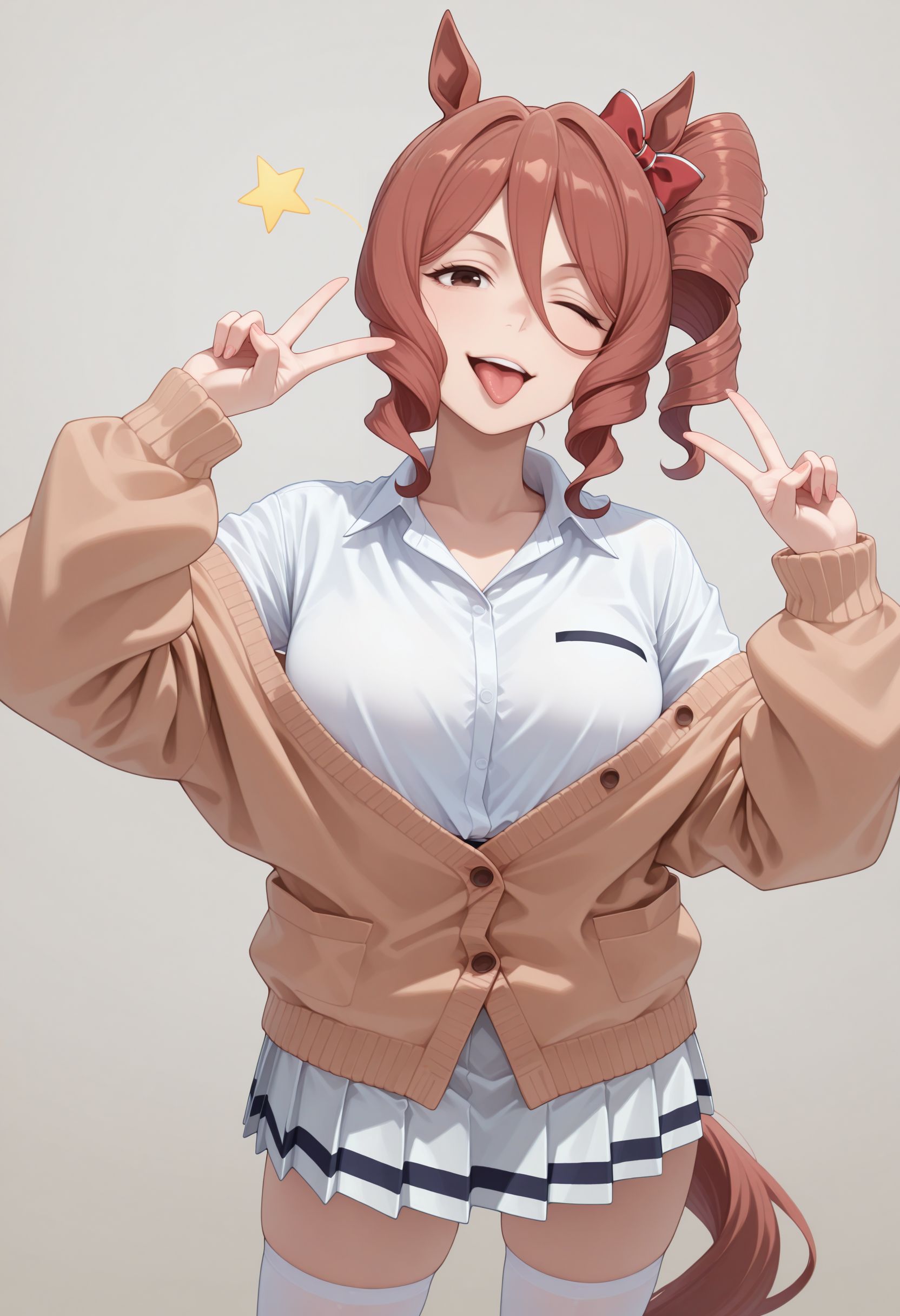 masterpiece, best quality, amazing quality, very awa,absurdres,newest,very aesthetic, looking at viewer, 
 <lora:Norn Ace illu:1> 1girl, brown hair, drill hair, side ponytail, brown eyes, animal ears, horse girl,horse tail,  hair bow, red bow, off shoulder, white shirt, collared shirt, long sleeves, brown cardigan, white skirt, white thighhighs, 
one eye closed, tongue out, double v, upper body, looking at viewer, star (symbol),