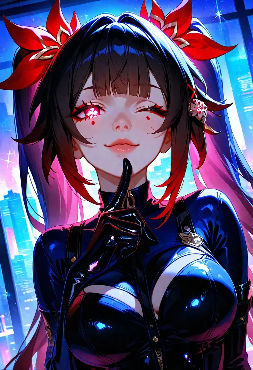 1girl, Sparkle Honkai Star Rail, glowing eyes, lips, thin lips, solo, mischievous smile, twin tails, latex erotic police uniform, cityscape in window, finger touching chin, one eye closed, body, back lighting, multicolored background, masterpiece, best quality, very aesthetic, absurdres, raytracing, ultra-detailed,