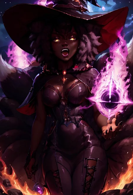 safe_pos, (score_9, score_8_up, score_7_up), 8K, (best quality:1.2),
((1girl)),
dark skin, black hair, perfect beautiful face, (very short round afro: 1.8), (((Kitsune)), (Fox ears:1.6), ((fox tail:1.6)), ((nine tails:1.6)), long fox tails), saddle brown tails:1.6, black fur tips: 1.6), glowing yellow eyes, cat pupils, open mouth showing teeth, fangs, seductive look, beautiful woman, giantess, close up, 

large round breasts, tall torso, small round ass, 
black lipstick, silver jewelry, ornate necklaces with glowing purple gem stones, purple and black loosely laced shirt, goth outfit, black thigh high laced boots, white and gold corset, tight black leather skirt, black finger nails, black leather boots, (witch hat:1.6), fox ears poking through witch hat, purple flames, (Spell rings, (dark aura)), (black fire), (black hole in hands), holding black holes, (dark forest theme), 
out of focus luminous fire in background