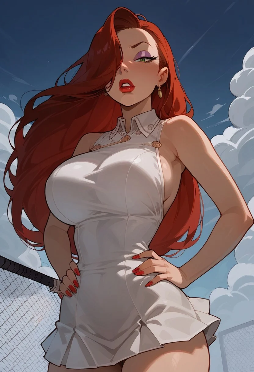 Score 9, score 8_up, score 7_up, <lora:HandFineTuning_XL:0.3>
BREAK
1girl, solo, jessica rabbit, red hair, hair over right eye, green eyes, large breasts, tennis uniform, hands on hips
BREAK
tennis court, wispy clouds, blue sky