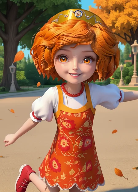 1girl, solo, female child, child, 1girl, solo, full body, rooney, 1girl, solo, dress, red footwear, short sleeves, orange hair, freckles, necklace, orange eyes, puffy sleeves, puffy short sleeves,, looking at viewer, smile, happy, fun, dynamic angle, dynamic pose, outdoors, park, day, autumn, falling leaves,  
 <lora:Rooney_-_Little_Tiaras:1>