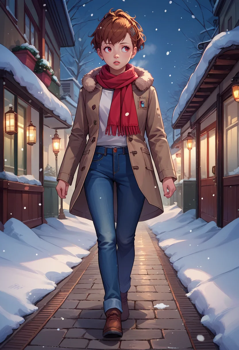 score_9, score_8_up, score_7_up, source_anime, solo, 1girl, shiomi kotone, parted lips, looking away, walking, hairclip, winter clothes, fur-trimmed coat, jeans, scarf, snowing, outdoors <lora:persona3_shiomi_ponyXL:1>